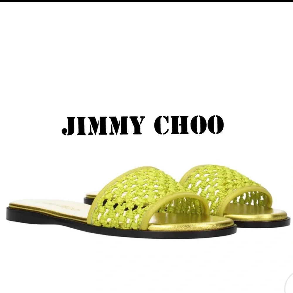 JIMMY CHOO MINEA ELECTRIC LIME RAFFIA SLIDES AND BOX NWT - Picture 3 of 15